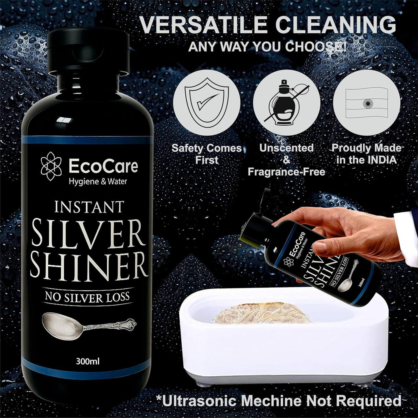 EcoCare Silver Dip Cleaner Long-Lasting Polish With 0% Silver Loss Scratch-Free Sparkling Clean Non-Toxic Liquid For Jewellery, Coins, Bricks, Idols, Kalash, Pooja Thali Other Silver Utensils 300ML