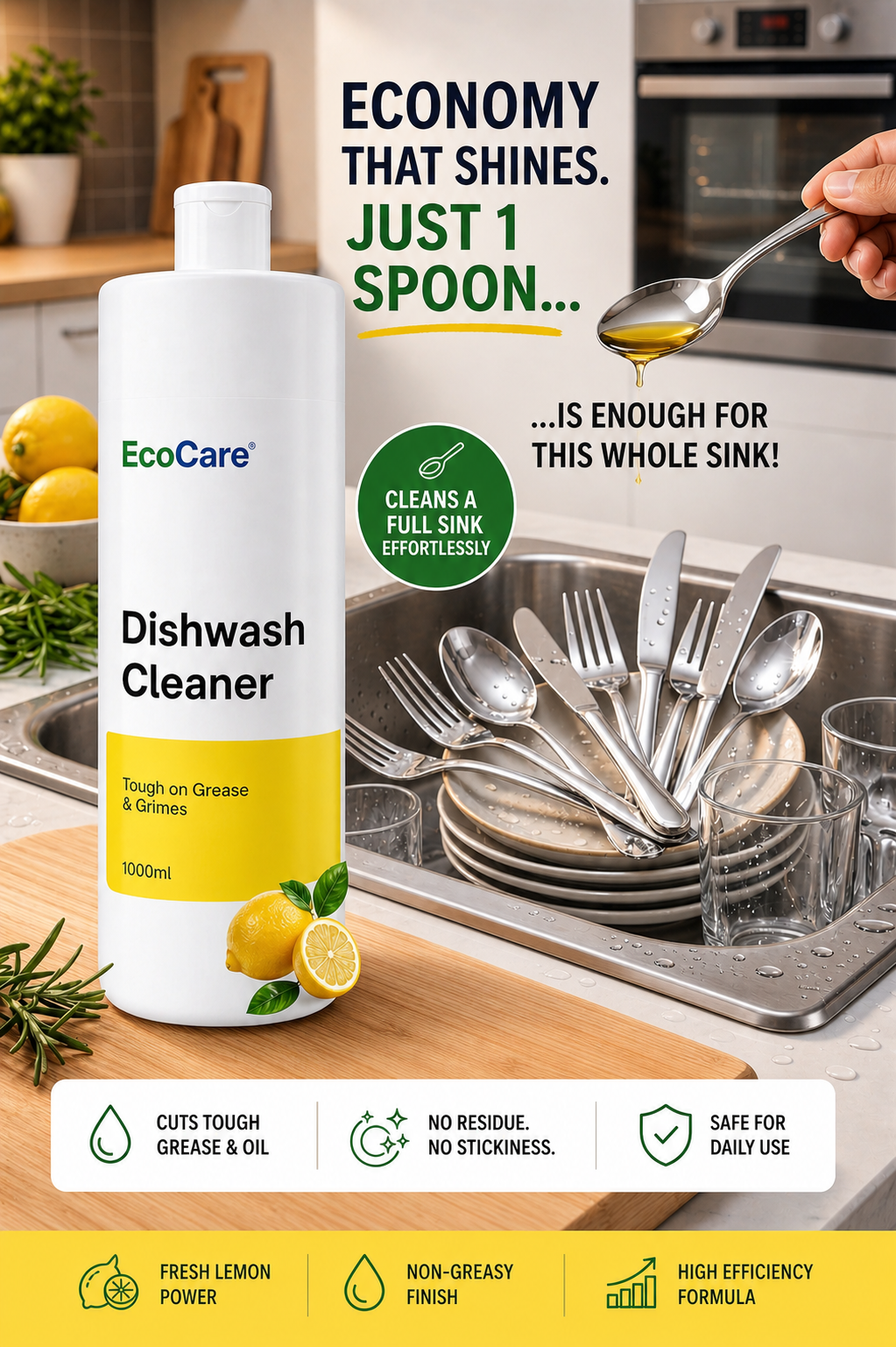 EcoCare's Dishwash Cleaner - 1000ml | Ultra-Concentrated | 1 Spoonful for a Full Meal's Utensils