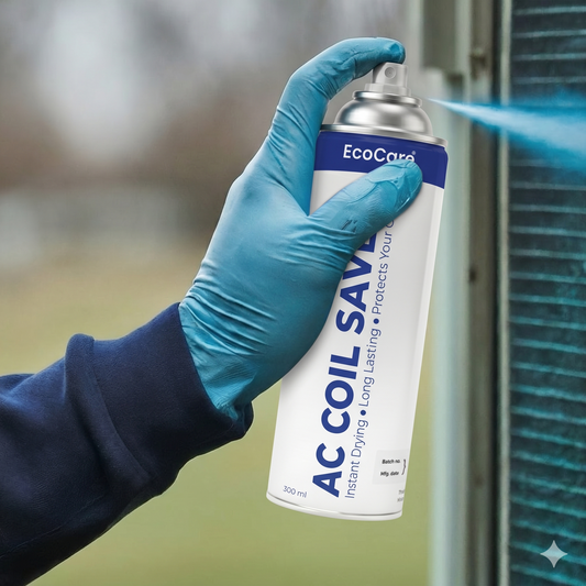 Professional technician wearing blue gloves applying EcoCare AC Coil Saver protective blue coating to air conditioner coils for improved cooling efficiency.