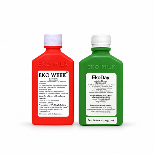 Eko Day green and Eko Week red bottles with EKO MILK embossing on white
