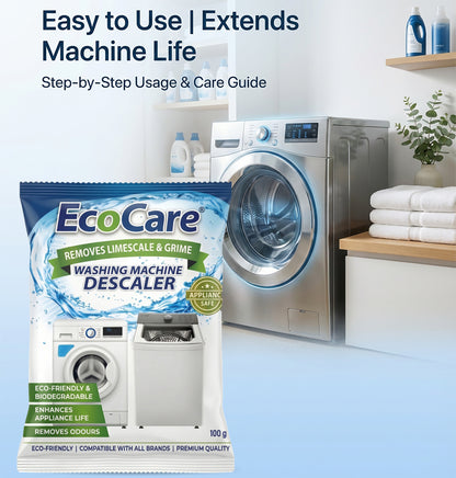 EcoCare Washing Machine Descaler Powder (Pack of 4) | Removes Limescale, Grime & Odors | Deep Cleaning Washing Machine Cleaner for Front Load & Top Load Machines | Eco-Friendly Appliance Descaling Solution