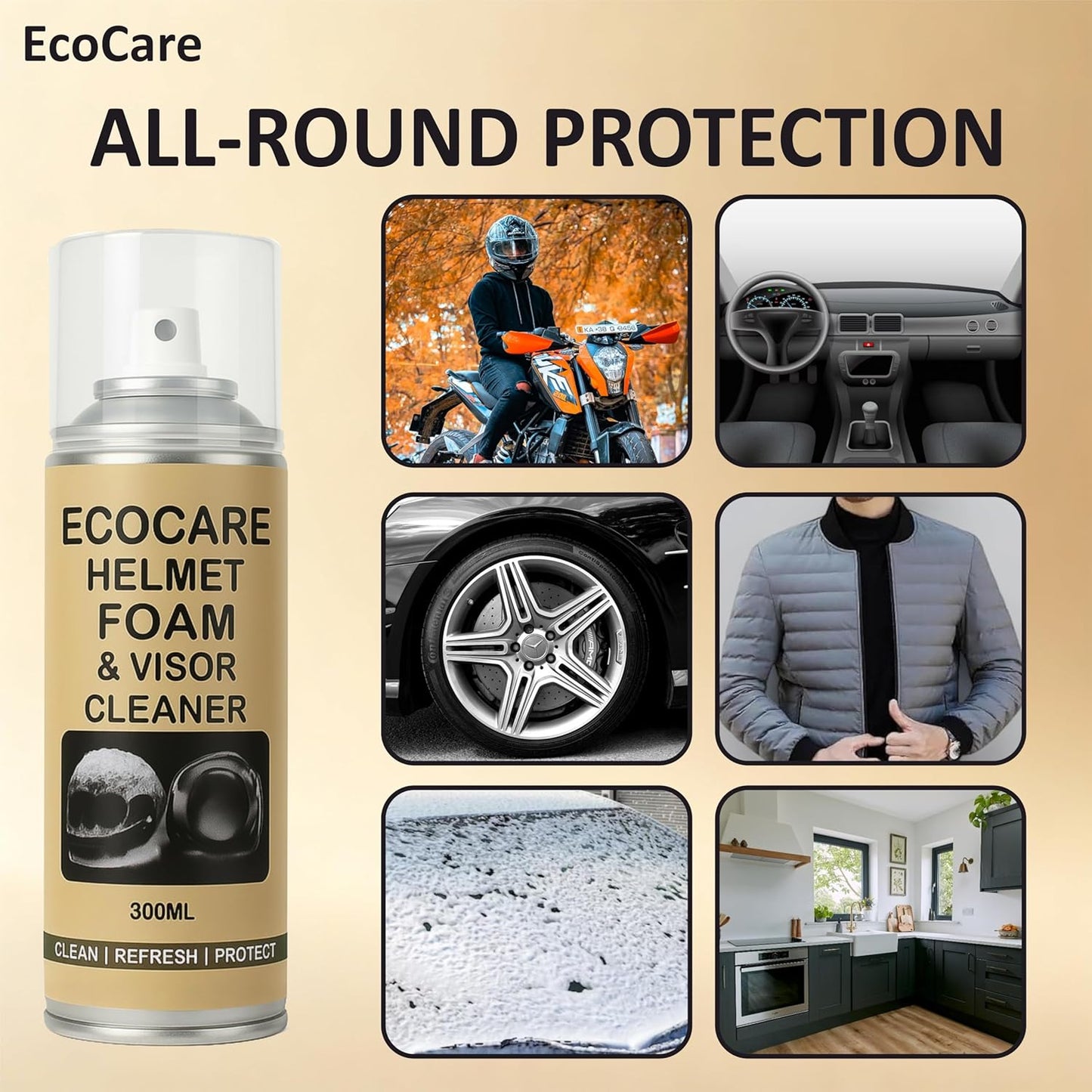 EcoCare 2-in-1 Helmet Foam & Visor Cleaner (300ml) – Antibacterial Interior Refresher & Crystal Clear Visor Shine