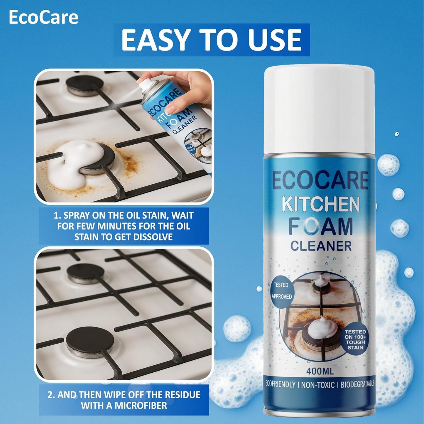 EcoCare Kitchen Foam Cleaner Spray 400ml | Multipurpose Kitchen Degreaser for Stove, Chimney, Oven, Sink & Grease Removal | Non-Toxic Biodegradable Cleaning Foam