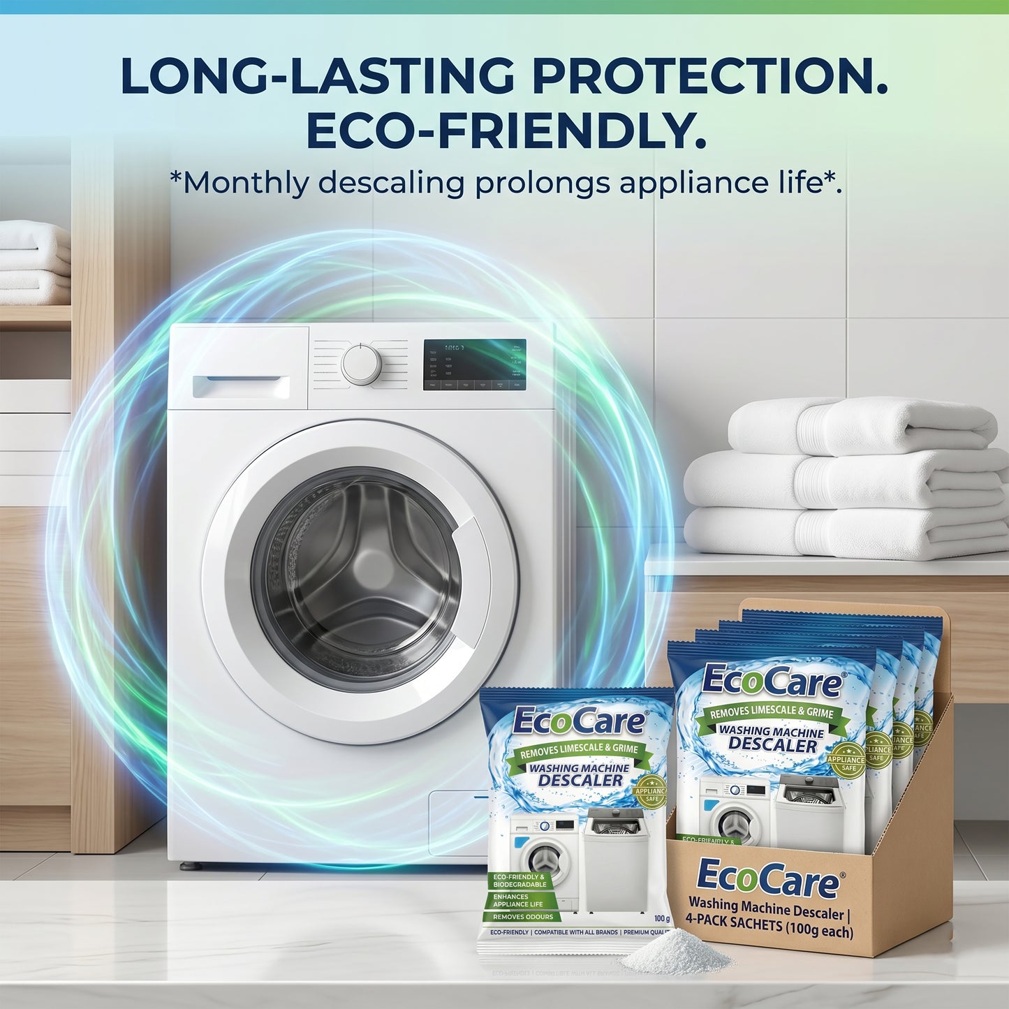 EcoCare Washing Machine Descaler Powder (Pack of 4) | Removes Limescale, Grime & Odors | Deep Cleaning Washing Machine Cleaner for Front Load & Top Load Machines | Eco-Friendly Appliance Descaling Solution