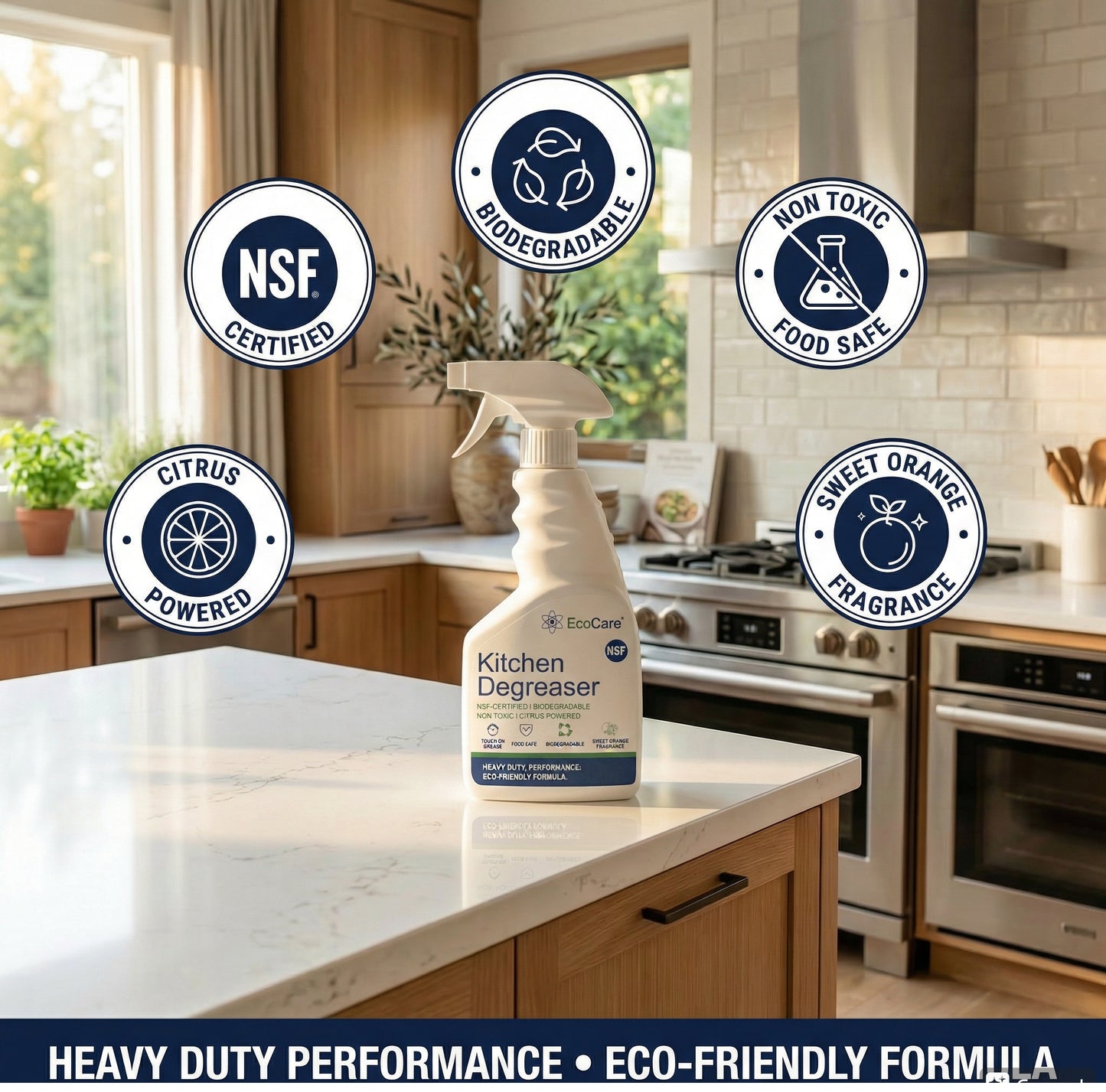 EcoCare Kitchen Degreaser Spray | NSF-Certified Biodegradable Kitchen Cleaner | Heavy Duty Grease Remover for Stove, Oven, Chimney, Countertops & Appliances | Citrus Powered Non-Toxic Formula