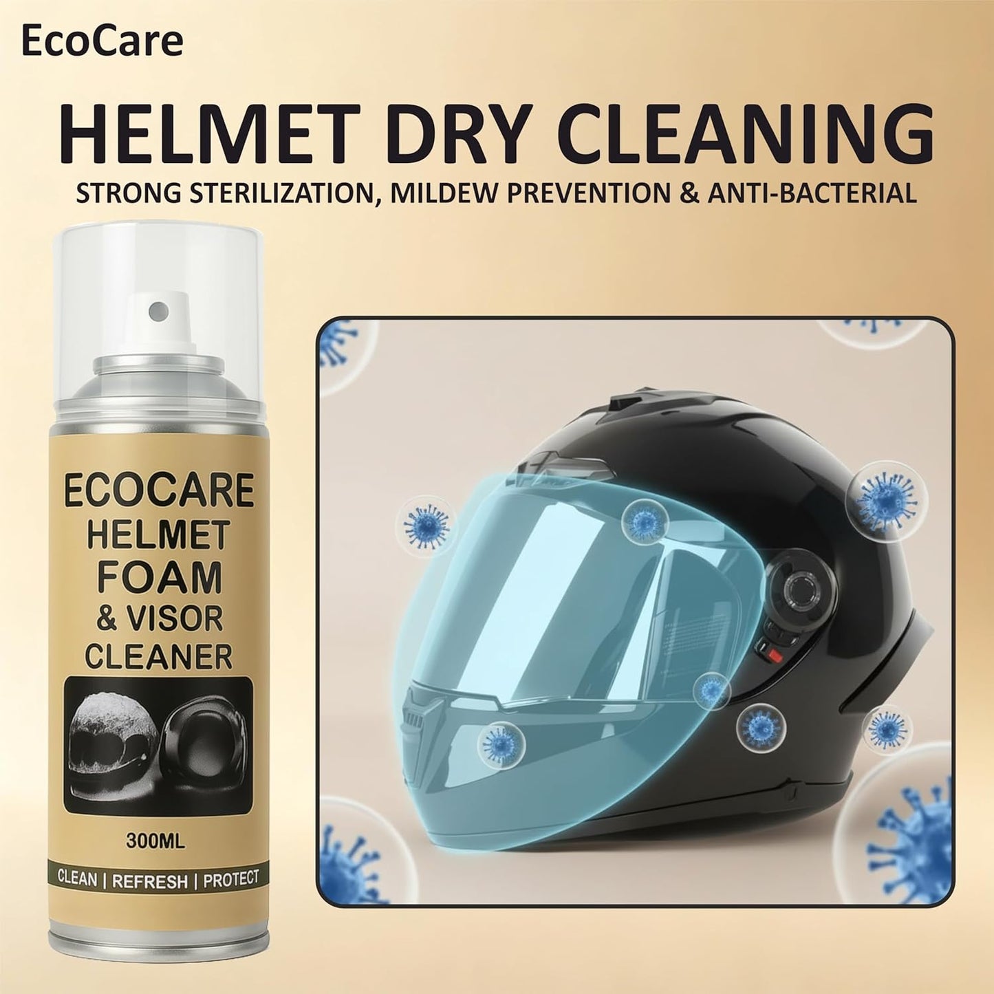 EcoCare 2-in-1 Helmet Foam & Visor Cleaner (300ml) – Antibacterial Interior Refresher & Crystal Clear Visor Shine