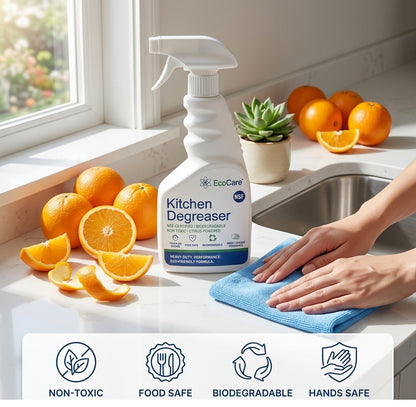EcoCare Kitchen Degreaser Spray | NSF-Certified Biodegradable Kitchen Cleaner | Heavy Duty Grease Remover for Stove, Oven, Chimney, Countertops & Appliances | Citrus Powered Non-Toxic Formula