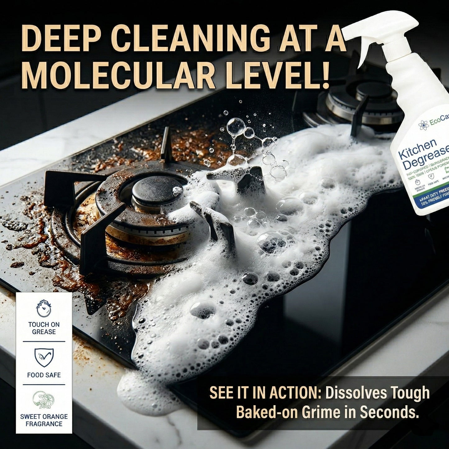 EcoCare Kitchen Degreaser Spray | NSF-Certified Biodegradable Kitchen Cleaner | Heavy Duty Grease Remover for Stove, Oven, Chimney, Countertops & Appliances | Citrus Powered Non-Toxic Formula