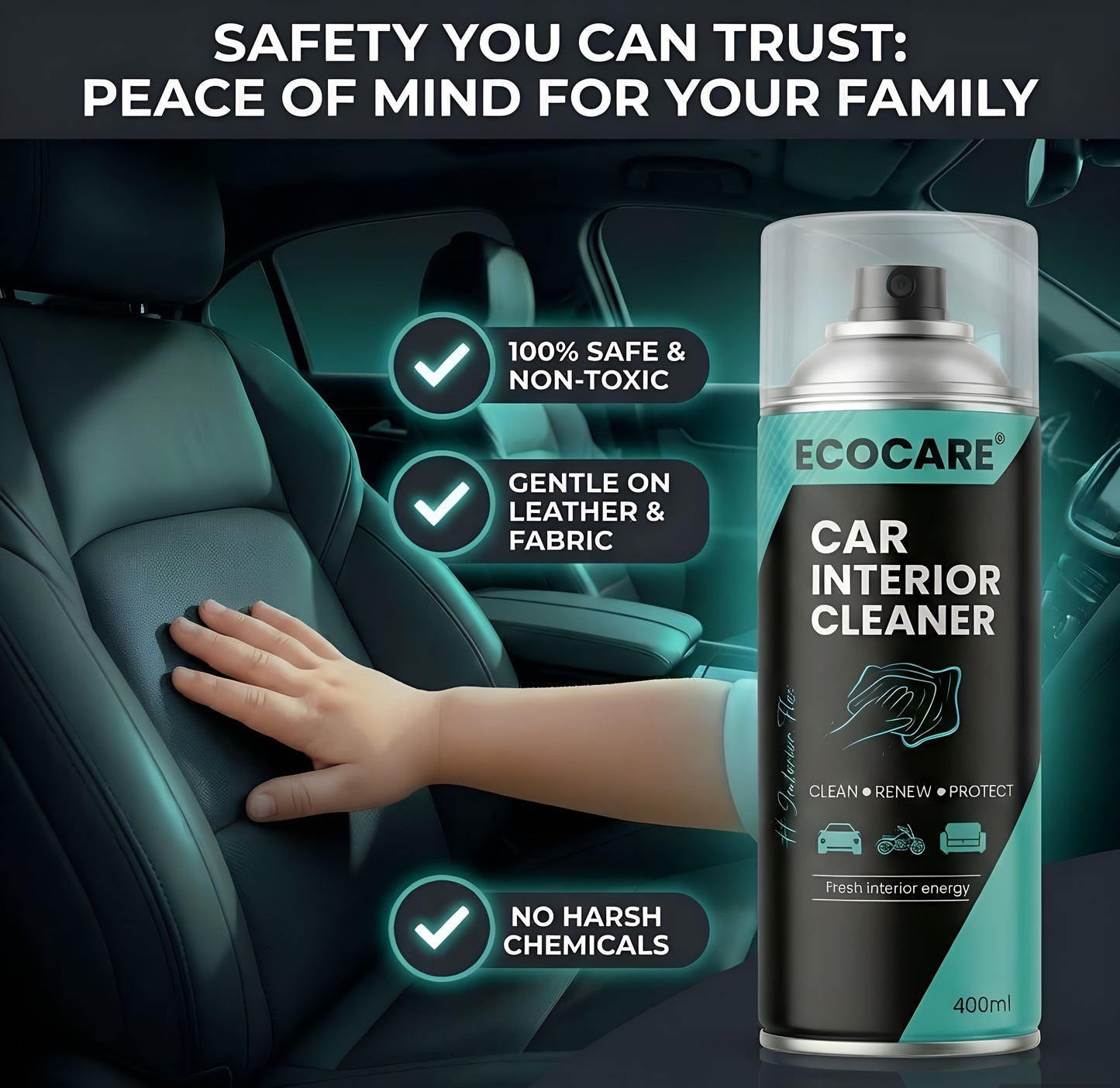 EcoCare 600ml Car Interior Foam Cleaner – High-Density Deep Cleaning Foam for Upholstery, Leather, & Dashboards