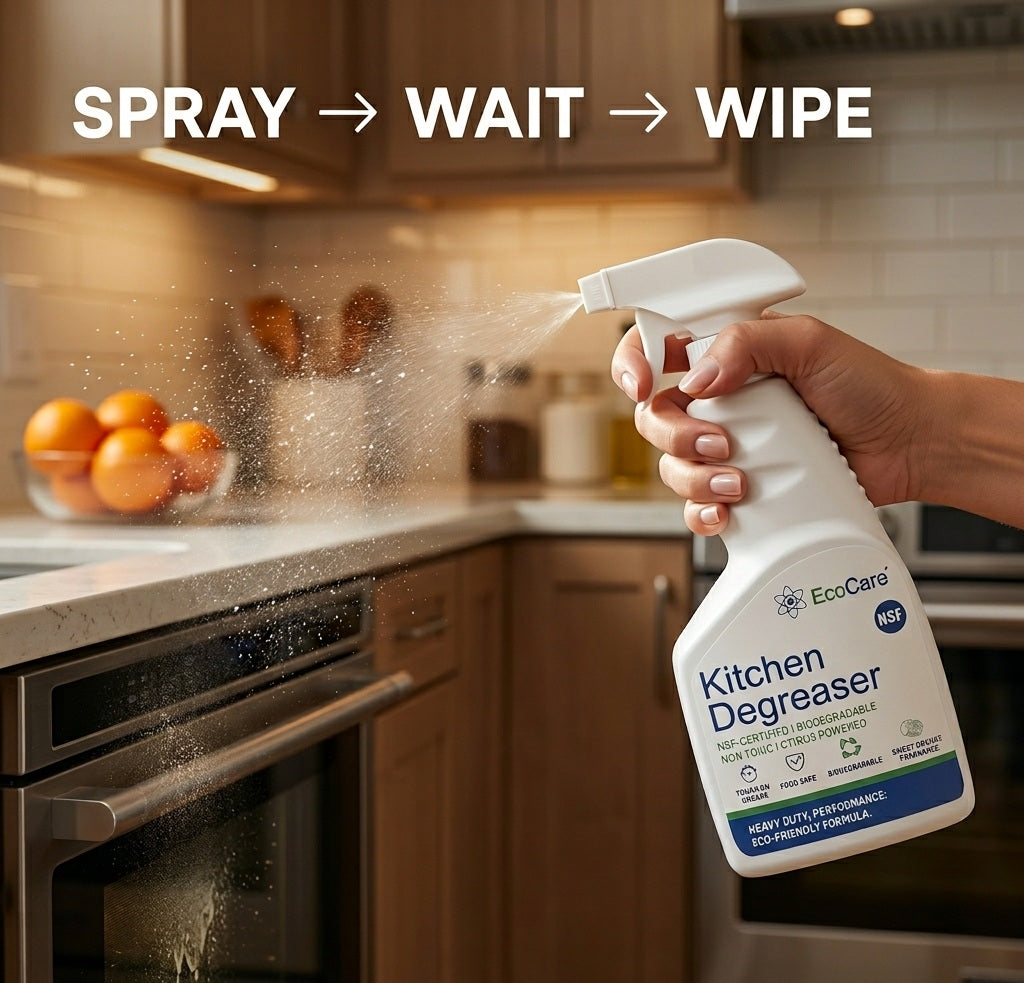 EcoCare Kitchen Degreaser Spray | NSF-Certified Biodegradable Kitchen Cleaner | Heavy Duty Grease Remover for Stove, Oven, Chimney, Countertops & Appliances | Citrus Powered Non-Toxic Formula