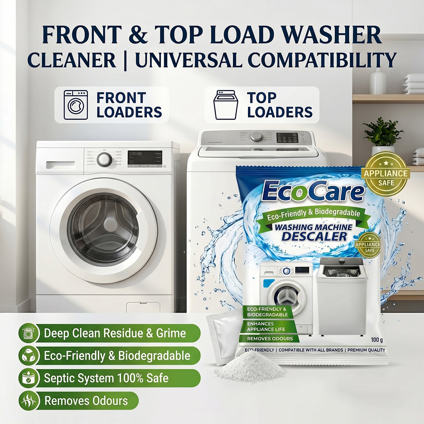 EcoCare Washing Machine Descaler Powder (Pack of 4) | Removes Limescale, Grime & Odors | Deep Cleaning Washing Machine Cleaner for Front Load & Top Load Machines | Eco-Friendly Appliance Descaling Solution