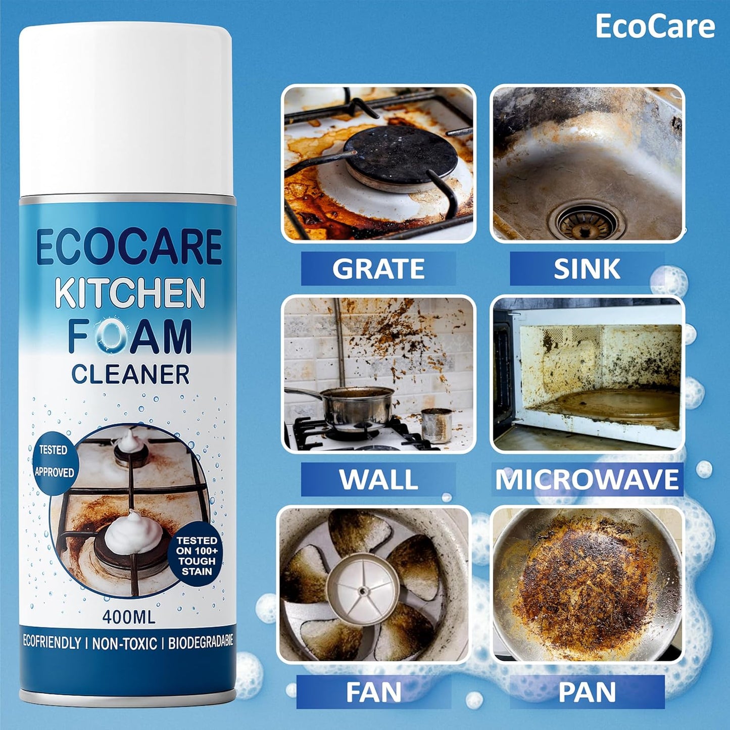 EcoCare Kitchen Foam Cleaner Spray 400ml | Multipurpose Kitchen Degreaser for Stove, Chimney, Oven, Sink & Grease Removal | Non-Toxic Biodegradable Cleaning Foam