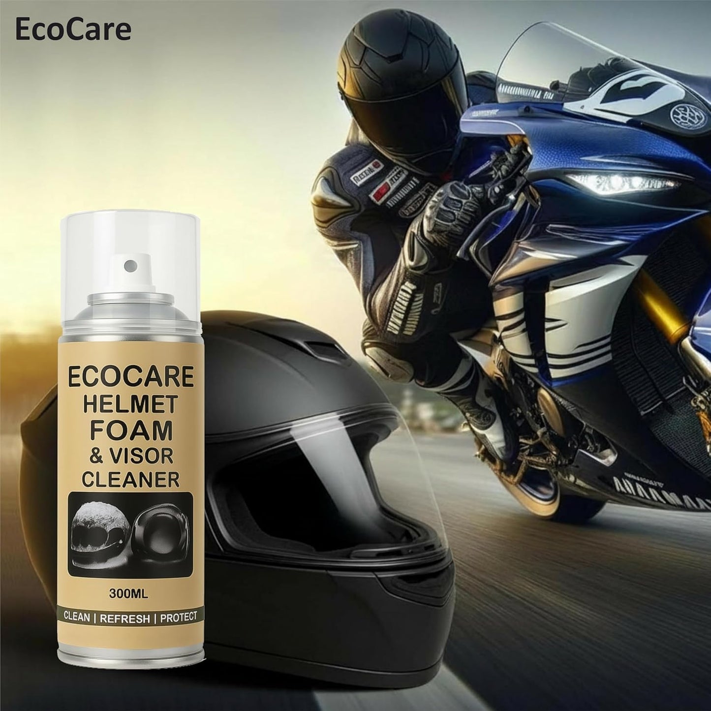 EcoCare 2-in-1 Helmet Foam & Visor Cleaner (300ml) – Antibacterial Interior Refresher & Crystal Clear Visor Shine