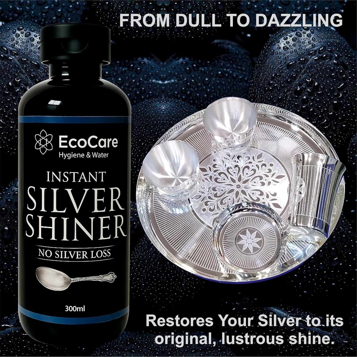 EcoCare Silver Dip Cleaner Long-Lasting Polish With 0% Silver Loss Scratch-Free Sparkling Clean Non-Toxic Liquid For Jewellery, Coins, Bricks, Idols, Kalash, Pooja Thali Other Silver Utensils 300ML