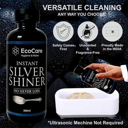 EcoCare Silver Dip Cleaner Long-Lasting Polish With 0% Silver Loss Scratch-Free Sparkling Clean Non-Toxic Liquid For Jewellery, Coins, Bricks, Idols, Kalash, Pooja Thali Other Silver Utensils 300ML
