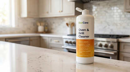 EcoCare Heavy-Duty Degreaser kept on a kitchen counter next to an oven.