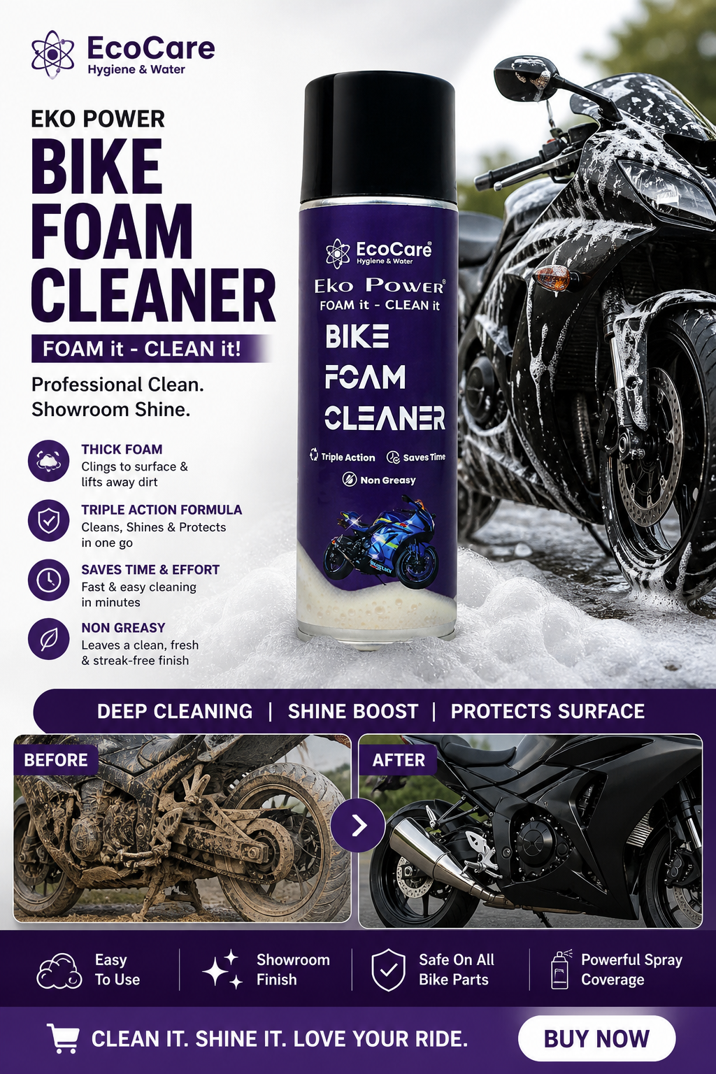 EcoCare® Waterless Bike Foam Cleaner - 500 ml | Instant Dirt & Grease Lift | Safe for Helmets & Gear