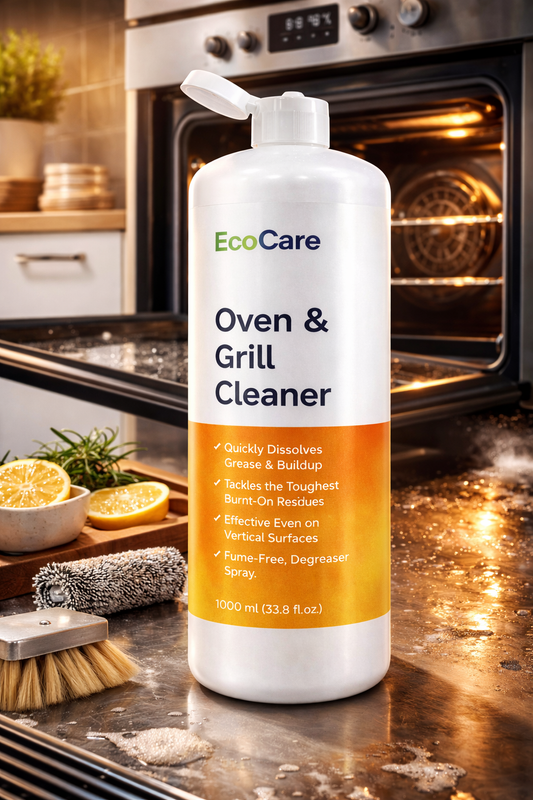 Applying EcoCare concentrated degreaser foam to a dirty BBQ grill grate to dissolve burnt carbon