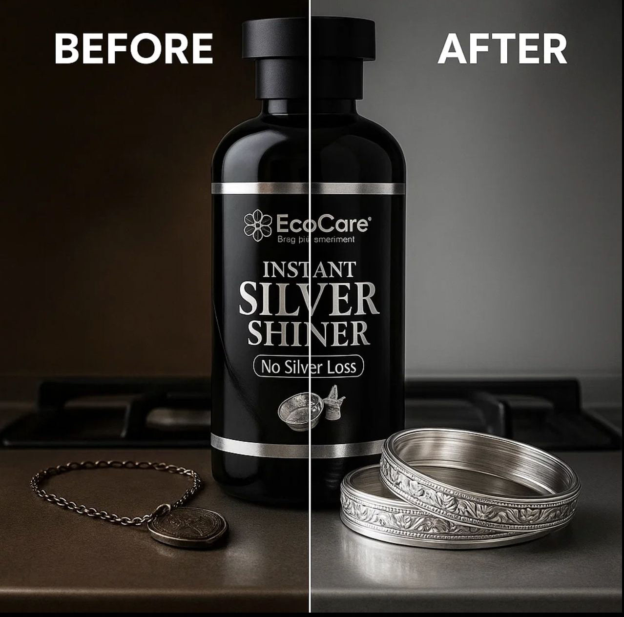 EcoCare Instant Silver Shiner bottle with jewelry before and after use on a dark surface.
