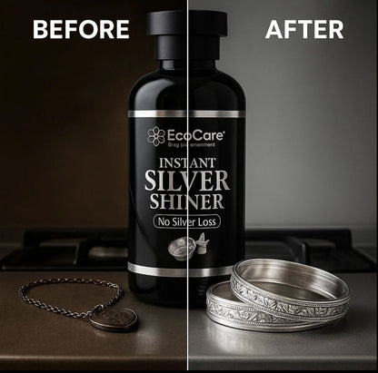 EcoCare Instant Silver Shiner bottle with jewelry before and after use on a dark surface.