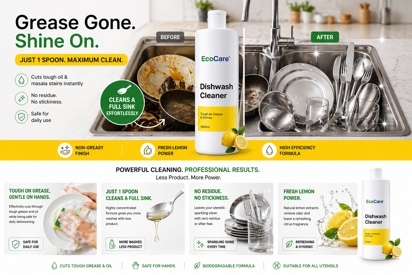 EcoCare's Dishwash Cleaner - 1000ml | Ultra-Concentrated | 1 Spoonful for a Full Meal's Utensils