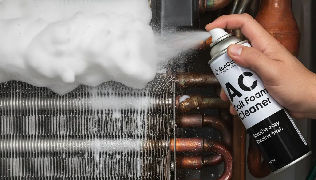 Person using a can of AC coil foam cleaner on a cooling system