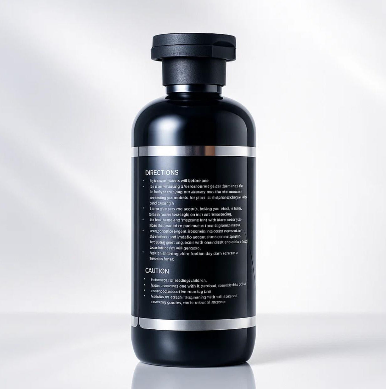 Black bottle with white text on a white background