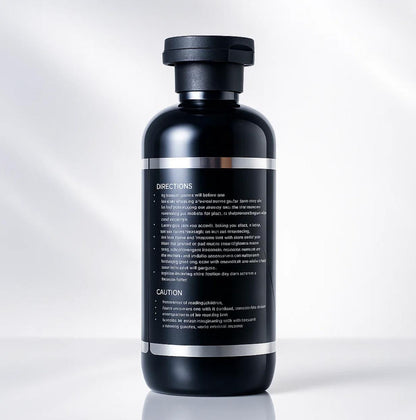 Black bottle with white text on a white background