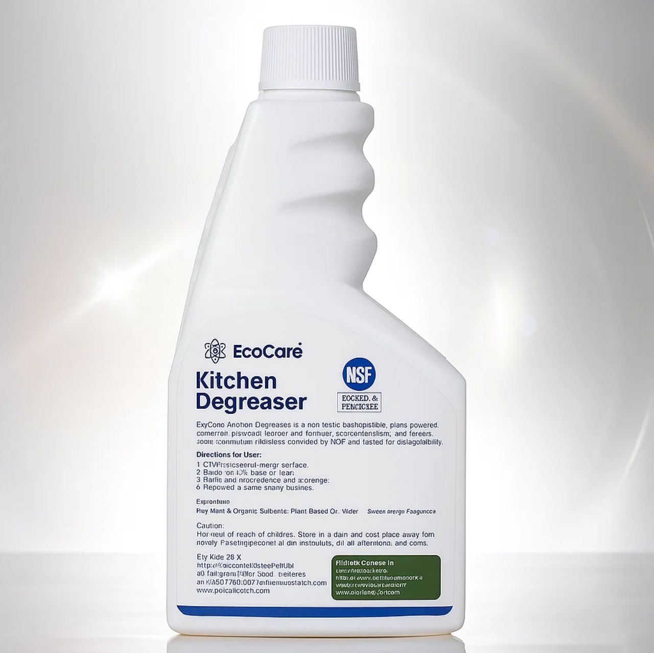 Bottle of EcoCare Kitchen Degreaser from back on a gray background