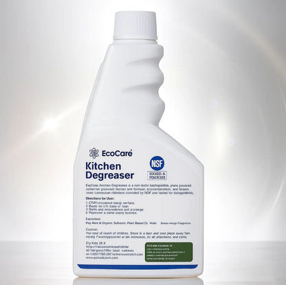 Bottle of EcoCare Kitchen Degreaser from back on a gray background