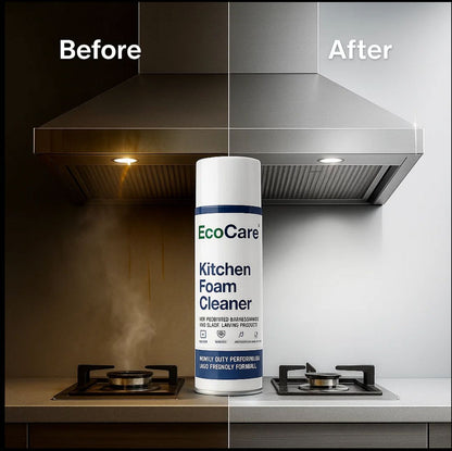 EcoCare Kitchen Foam Cleaner can with a before and after comparison of a kitchen hood.