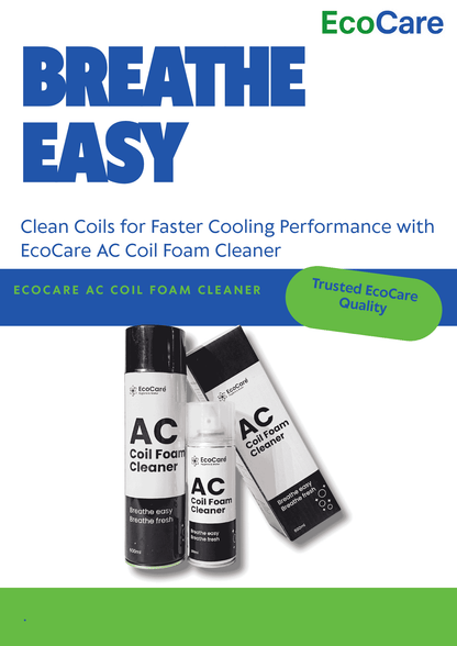 EcoCare AC Coil Foam Cleaner advertisement with two bottles on a white background