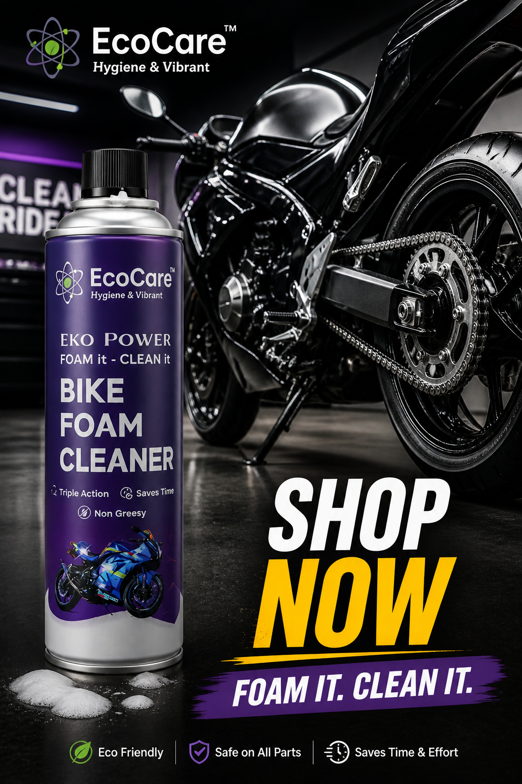 EcoCare® Waterless Bike Foam Cleaner - 500 ml | Instant Dirt & Grease Lift | Safe for Helmets & Gear
