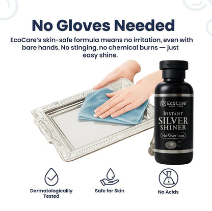 EcoCare Instant Silver Shiner bottle with a hand cleaning a silver tray, text about skin-safe formula.