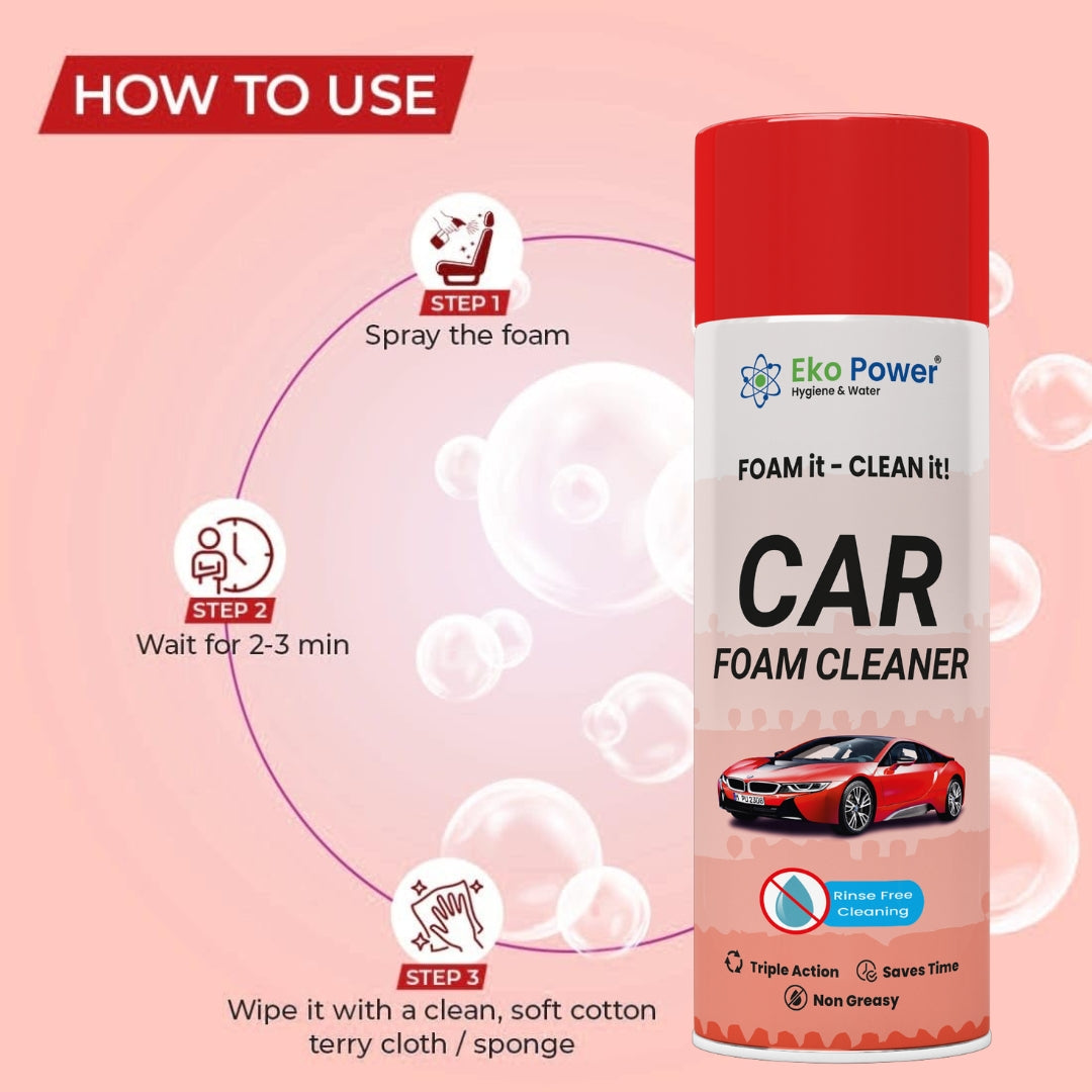 Eko Power car foam cleaner spray with usage instructions on a pink background