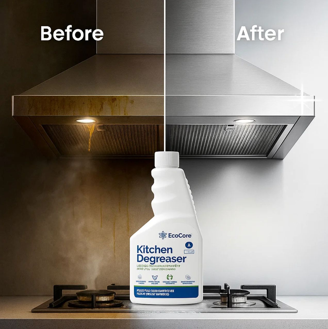 Before and after comparison of a kitchen hood with EcoCore Kitchen Degreaser.