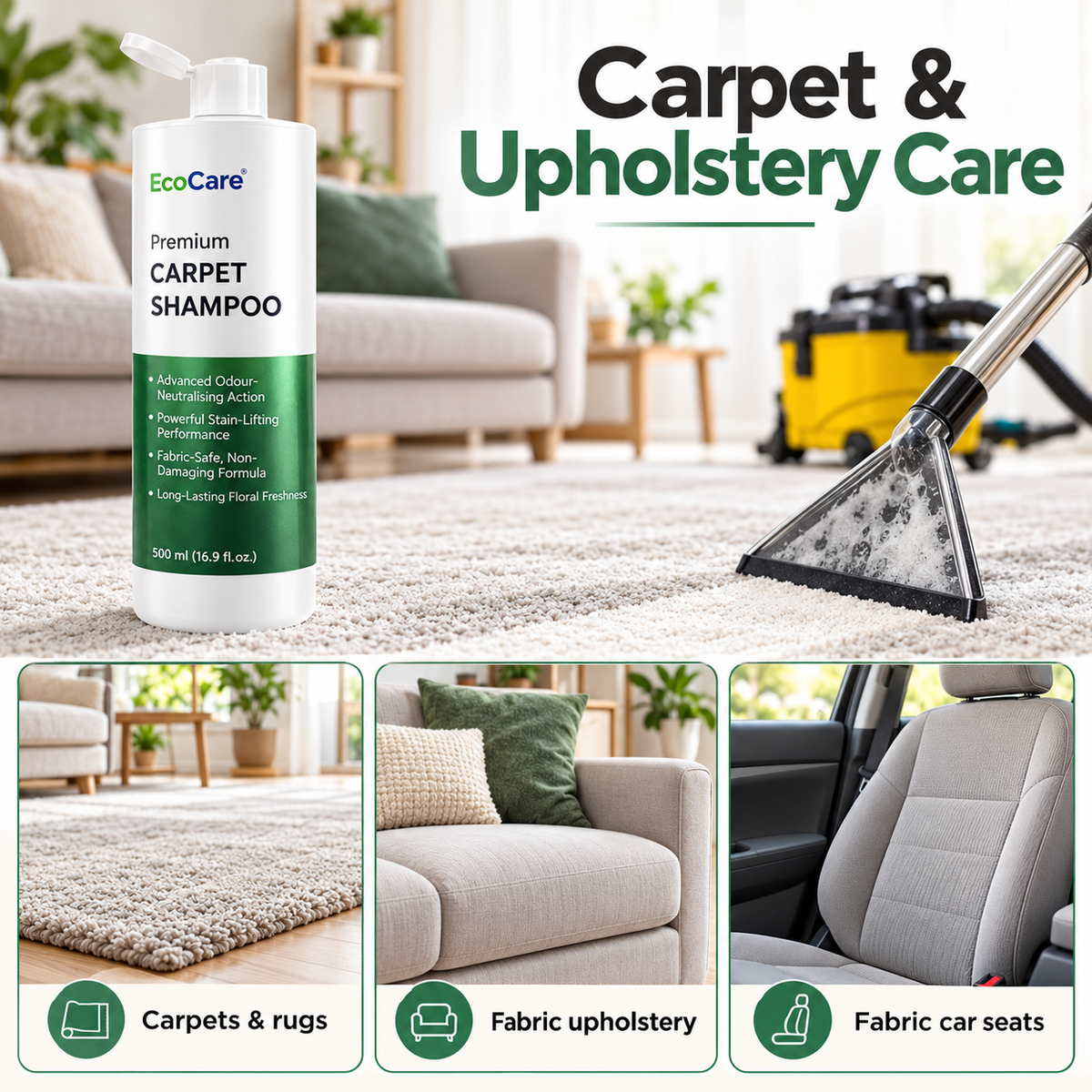EcoCare Carpet Shampoo applications for carpets, fabric upholstery and fabric car seats