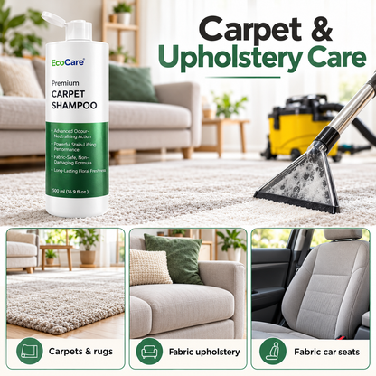 EcoCare Carpet Shampoo applications for carpets, fabric upholstery and fabric car seats