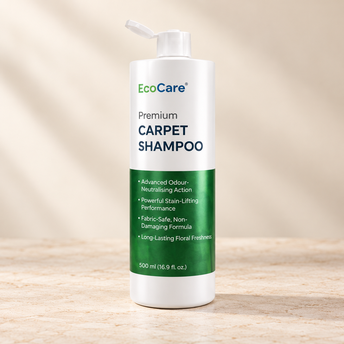 EcoCare Carpet Shampoo 500 ml bottle on a warm neutral studio background