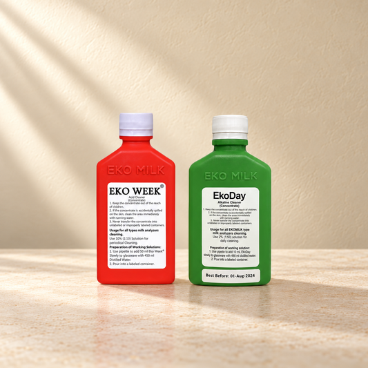Eko Day green and Eko Week red bottles with EKO MILK embossing on a warm neutral background