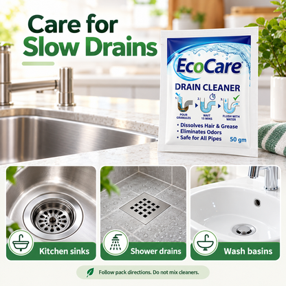 EcoCare Drain Cleaner applications for kitchen sinks, shower drains and wash basins