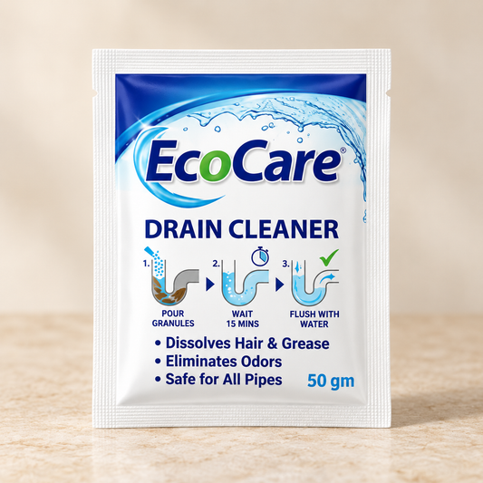 EcoCare Kitchen & Bathroom Drain Cleaner - 50 g on a warm neutral studio background