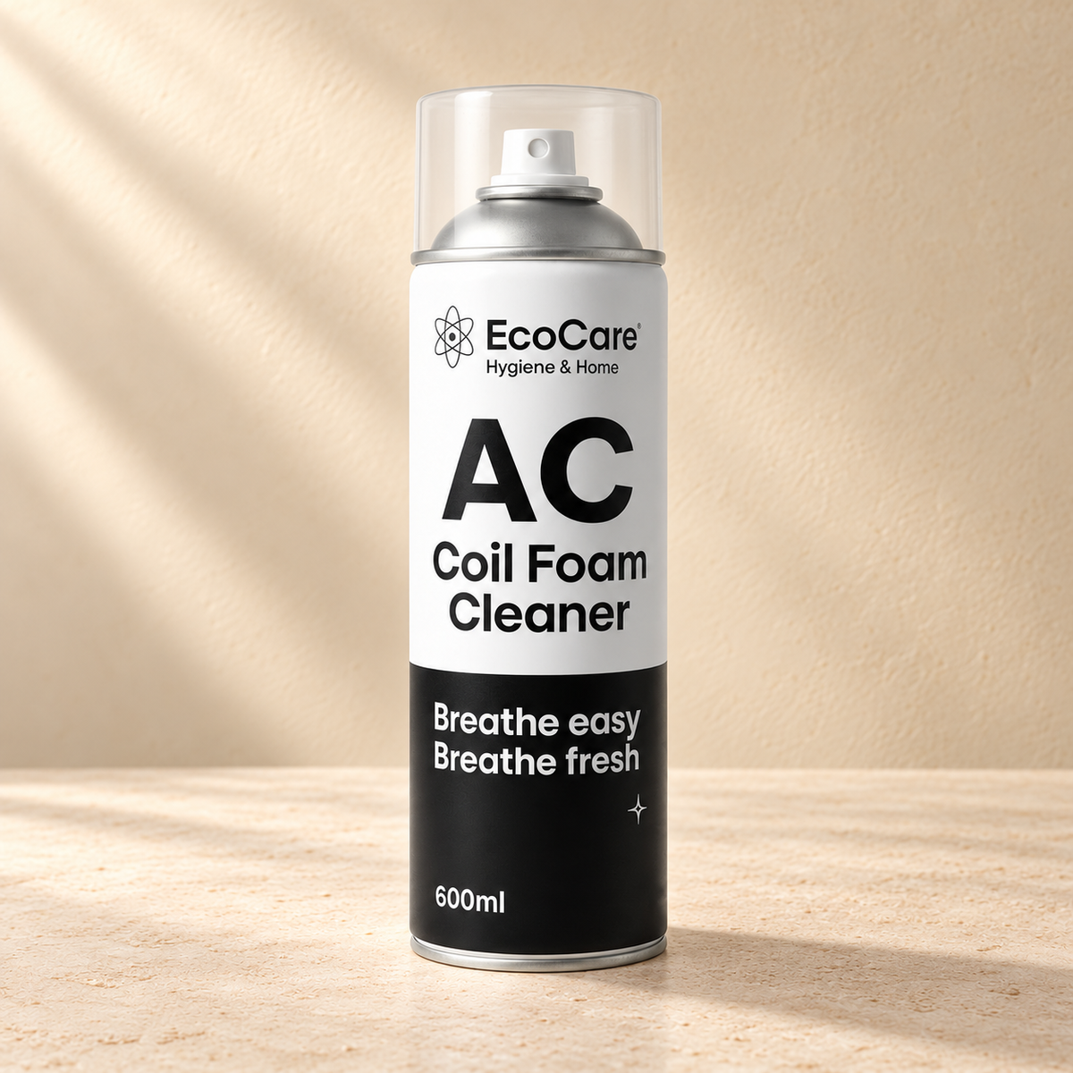 EcoCare AC Coil Foam Cleaner - 600 ml on a warm neutral studio background