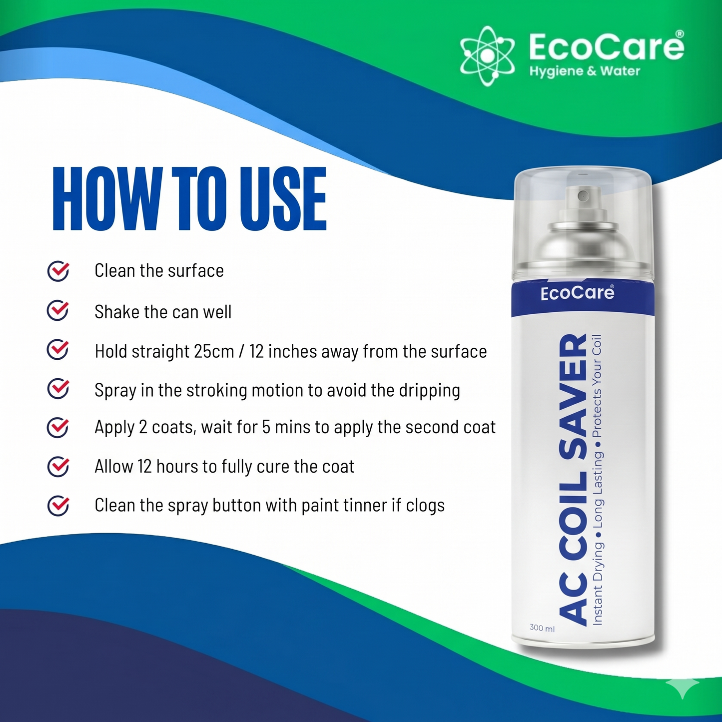 Infographic showing how to use EcoCare AC Coil Saver: clean surface, shake can, spray from 25cm, apply 2 coats, and allow 12 hours to cure.