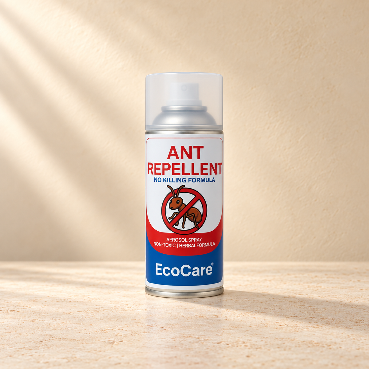 EcoCare Ant Repellent Spray on a warm neutral studio background