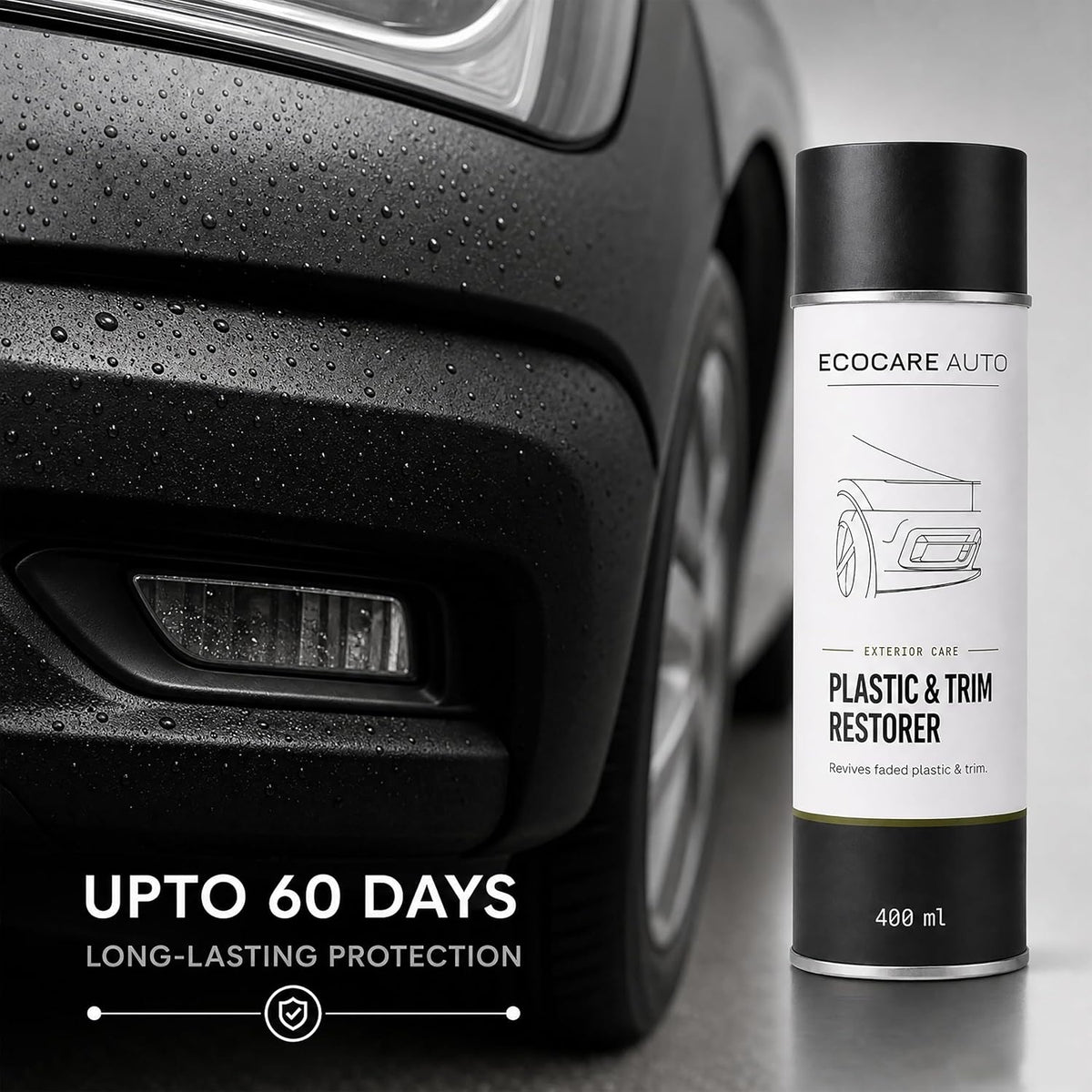 EcoCare Auto Plastic and Trim Restorer beside vehicle bumper