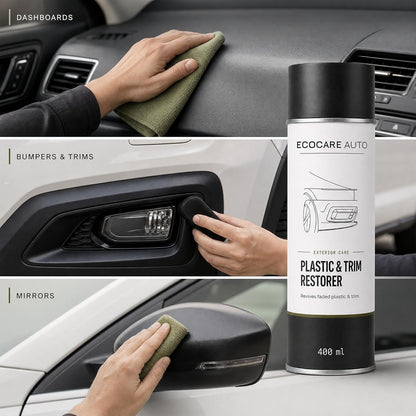 EcoCare Auto restorer — application examples on dashboards, bumpers, trims and mirror housings
