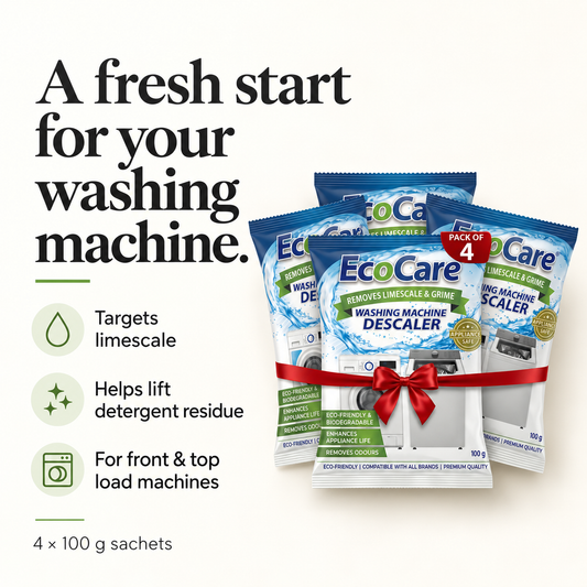 EcoCare washing machine descaler benefits: limescale, detergent residue, front and top load washers