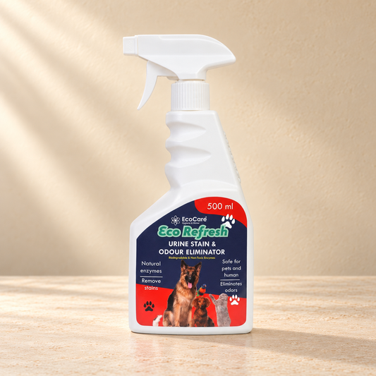 EcoCare Eco Refresh Urine Stain & Odour Eliminator - 500 ml on a warm neutral studio background