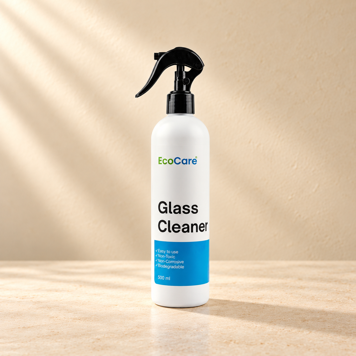 EcoCare Ultra-Clear Glass & Mirror Cleaner - 450 ml on a warm neutral studio background